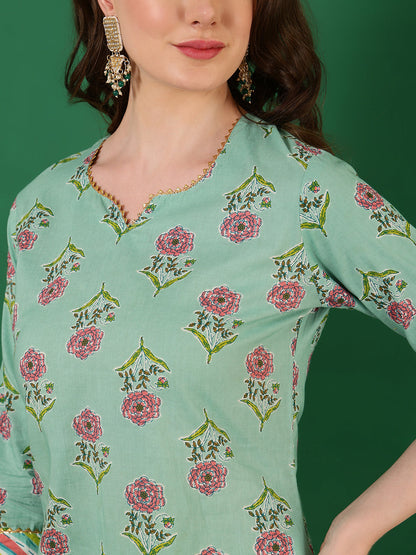 Cotton Printed Calf Length 3/4 Sleeve Round Neck Straight Kurta