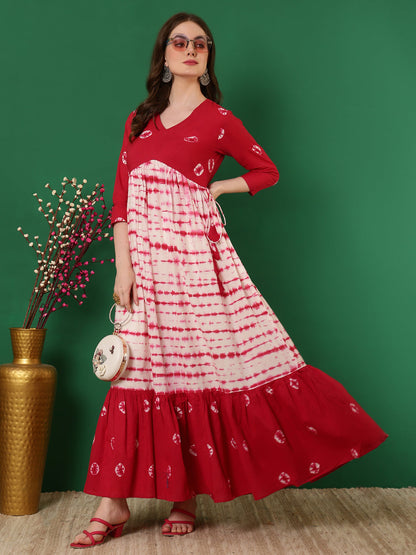 Cotton Printed Ankle Length 3/4 Sleeve V-Neck Alia Cut Tiered Kurta