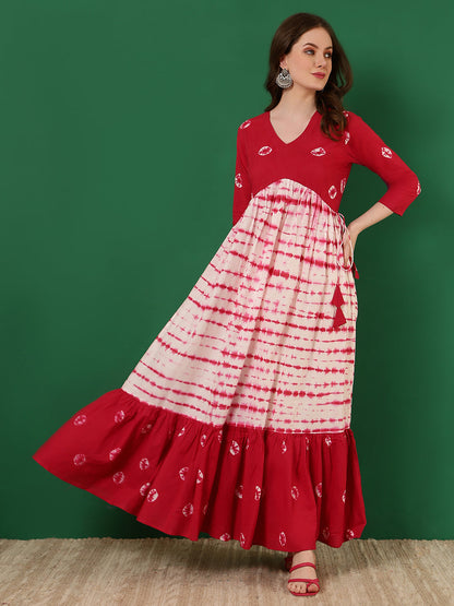 Cotton Printed Ankle Length 3/4 Sleeve V-Neck Alia Cut Tiered Kurta