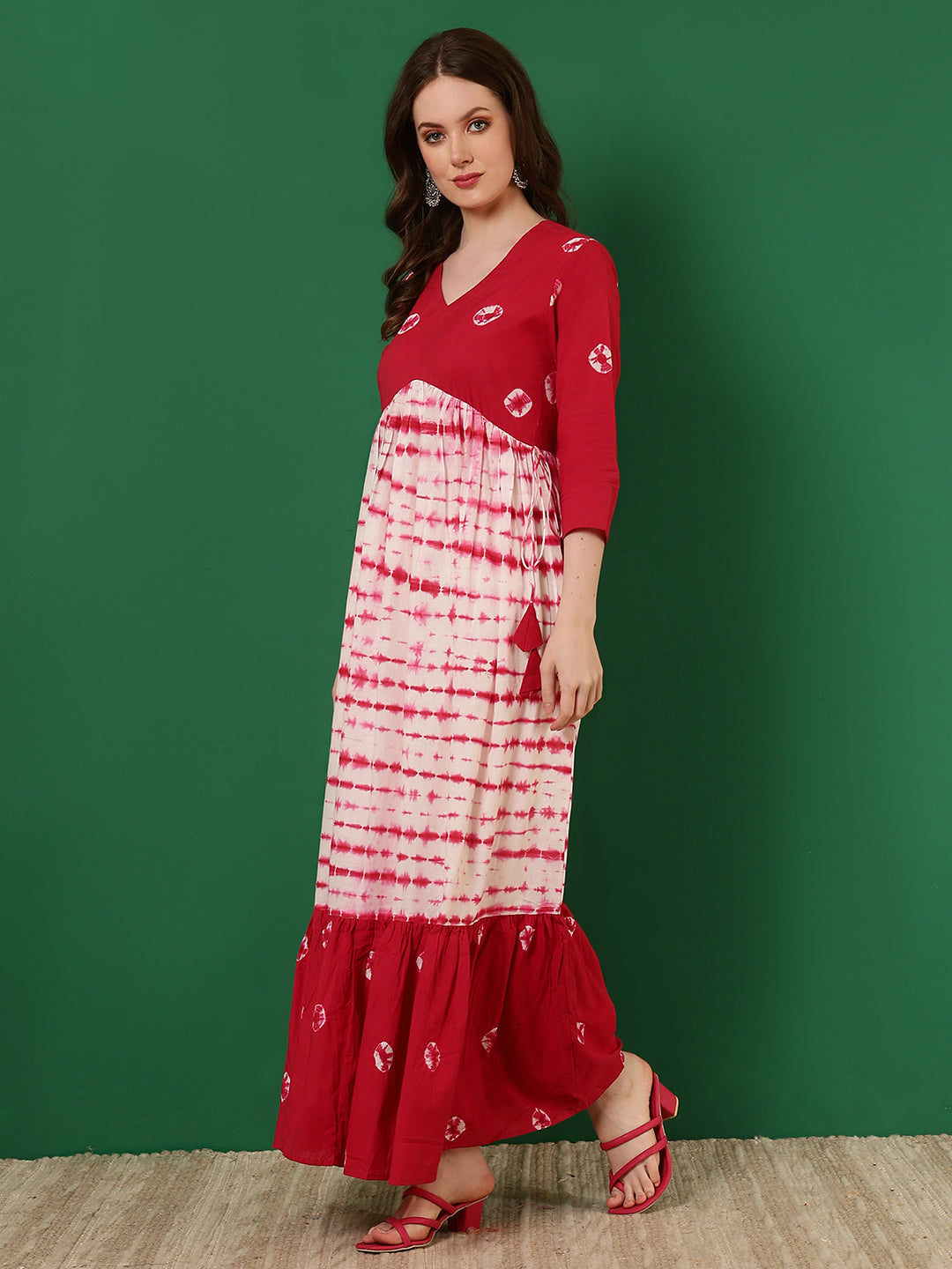Cotton Printed Ankle Length 3/4 Sleeve V-Neck Alia Cut Tiered Kurta