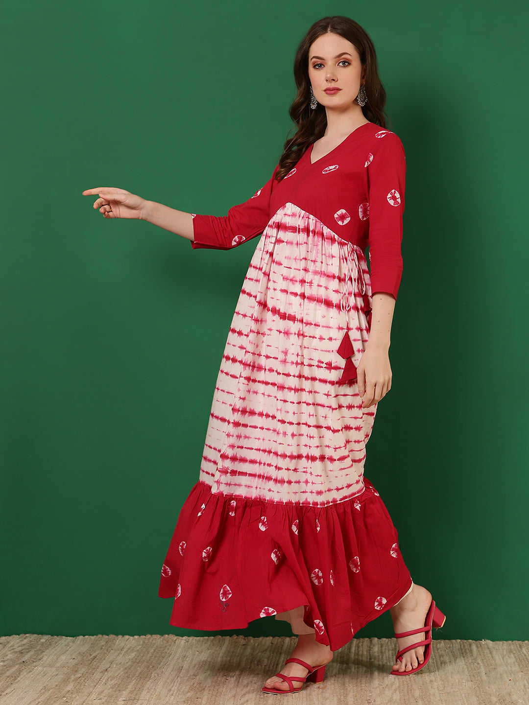 Cotton Printed Ankle Length 3/4 Sleeve V-Neck Alia Cut Tiered Kurta