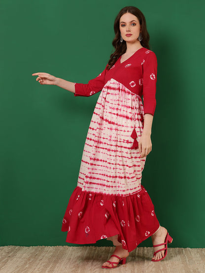 Cotton Printed Ankle Length 3/4 Sleeve V-Neck Alia Cut Tiered Kurta