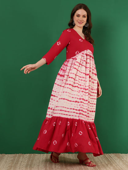 Cotton Printed Ankle Length 3/4 Sleeve V-Neck Alia Cut Tiered Kurta