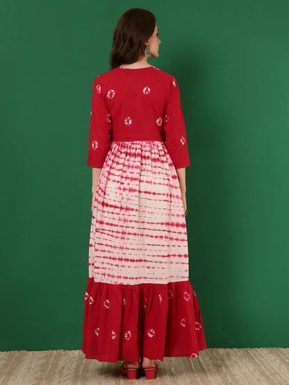 Cotton Printed Ankle Length 3/4 Sleeve V-Neck Alia Cut Tiered Kurta