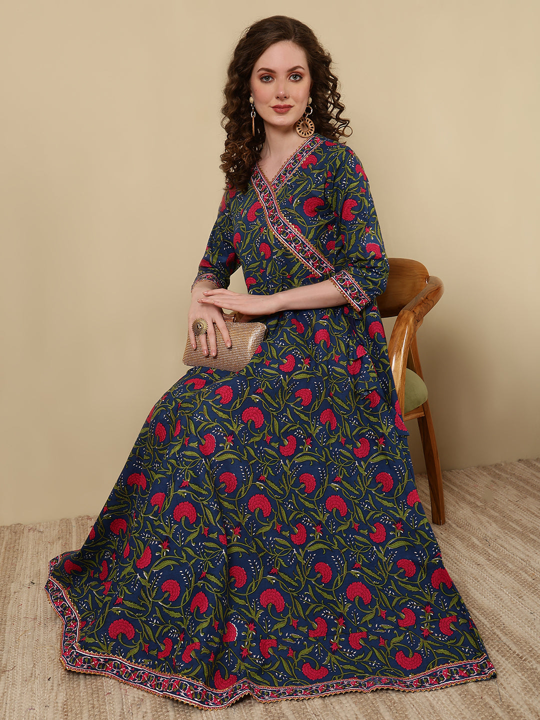 Cotton Printed Ankle Length 3/4 Sleeve V-Neck Angrakha Kurta