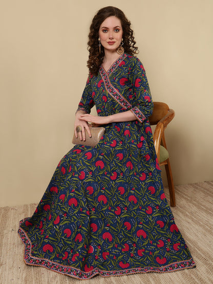Cotton Printed Ankle Length 3/4 Sleeve V-Neck Angrakha Kurta