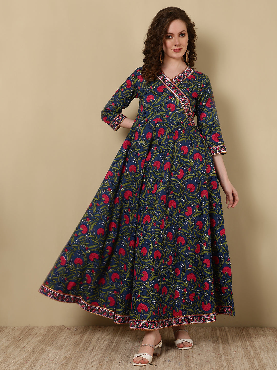 Cotton Printed Ankle Length 3/4 Sleeve V-Neck Angrakha Kurta