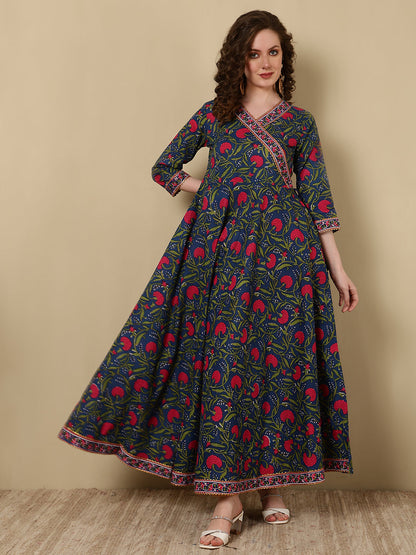 Cotton Printed Ankle Length 3/4 Sleeve V-Neck Angrakha Kurta
