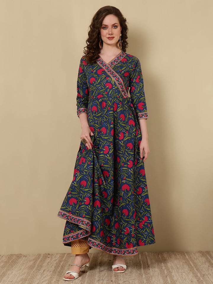 Cotton Printed Ankle Length 3/4 Sleeve V-Neck Angrakha Kurta