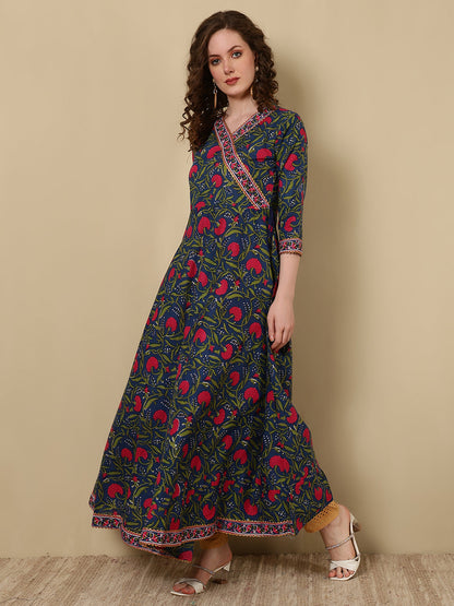 Cotton Printed Ankle Length 3/4 Sleeve V-Neck Angrakha Kurta