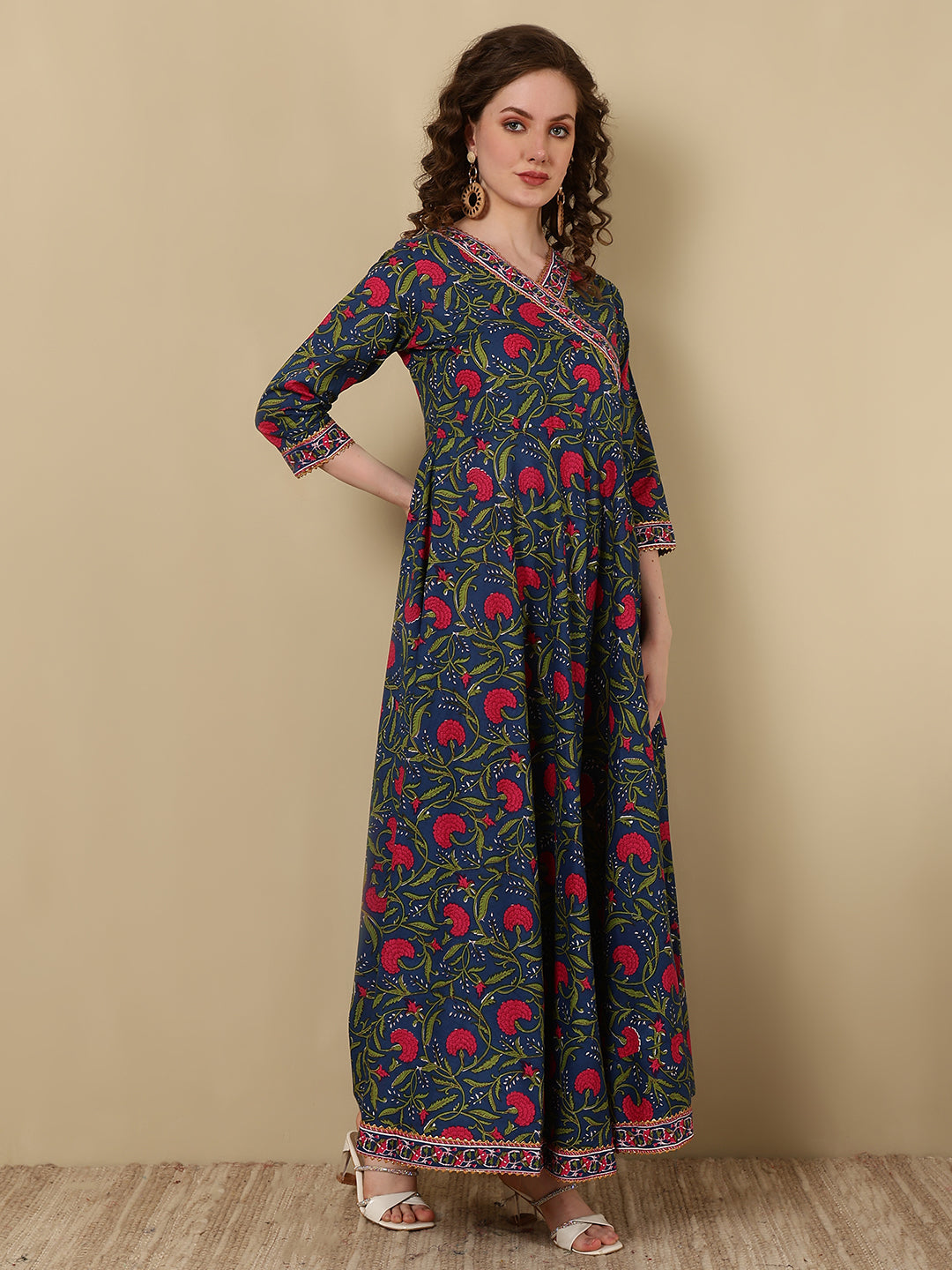 Cotton Printed Ankle Length 3/4 Sleeve V-Neck Angrakha Kurta