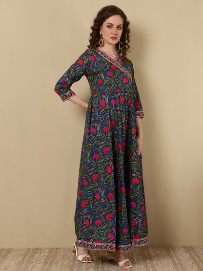 Cotton Printed Ankle Length 3/4 Sleeve V-Neck Angrakha Kurta