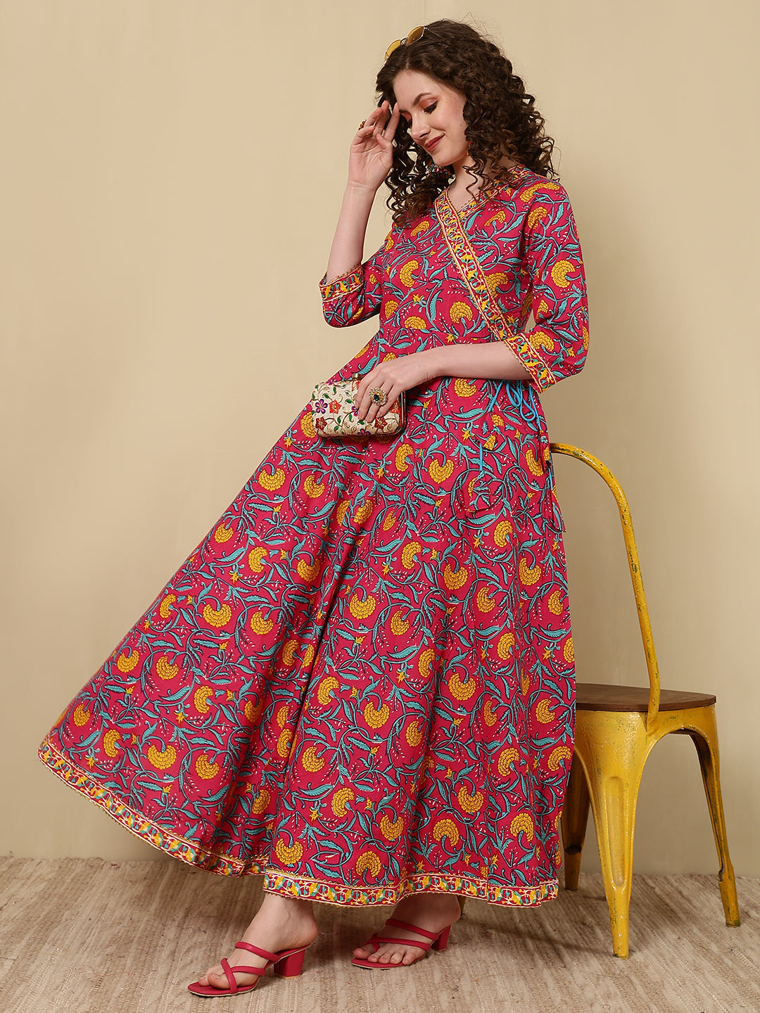 Cotton Printed Ankle Length 3/4 Sleeve V-Neck Angrakha Kurta