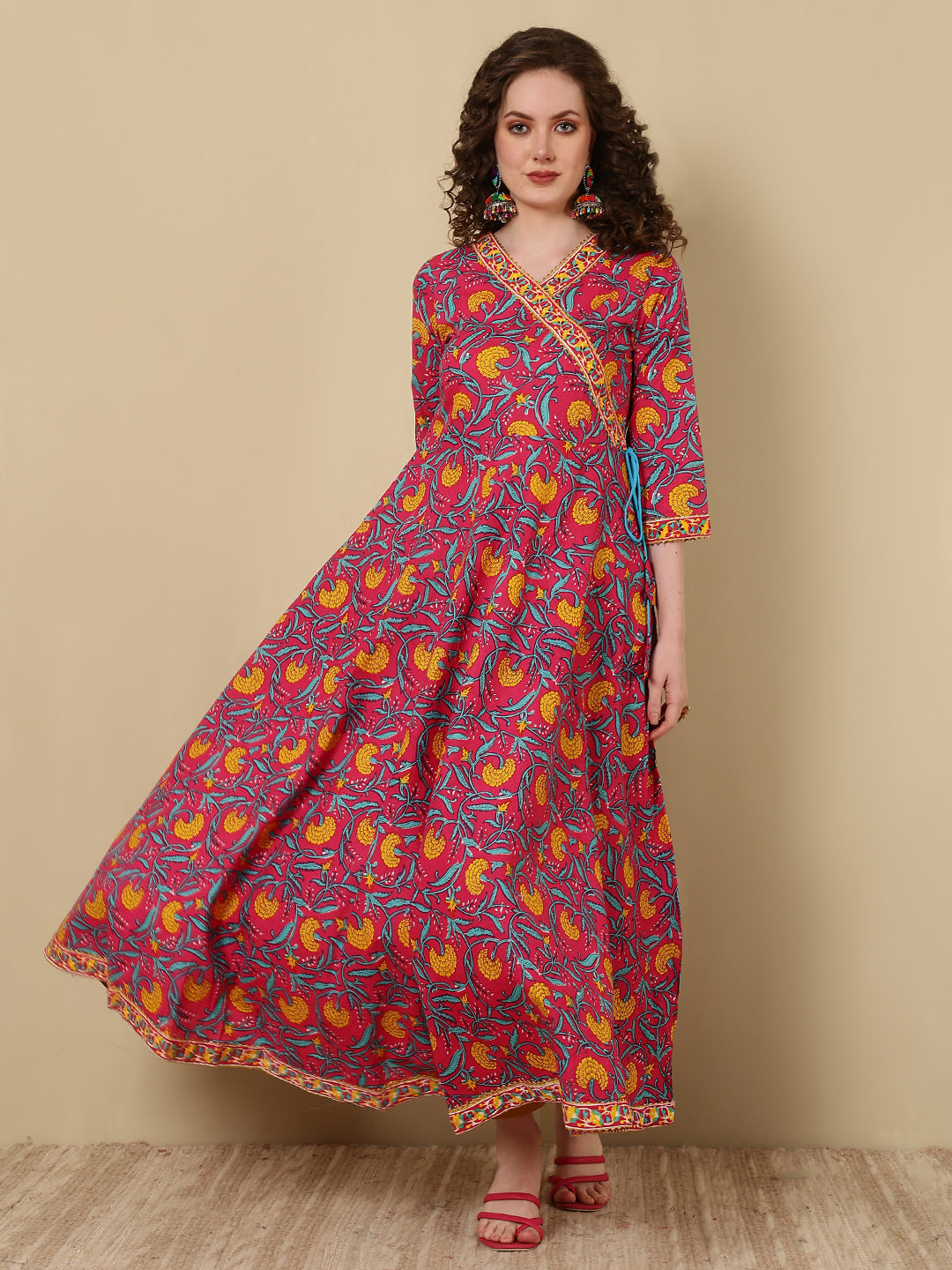 Cotton Printed Ankle Length 3/4 Sleeve V-Neck Angrakha Kurta