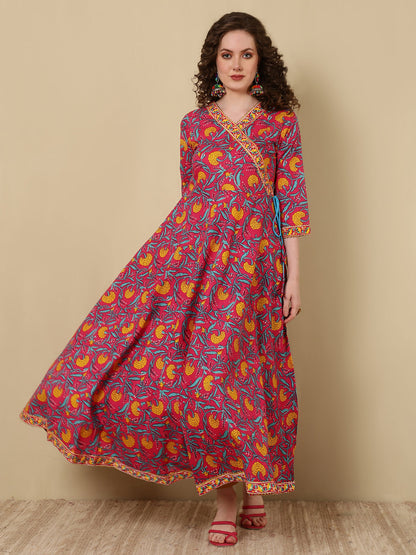 Cotton Printed Ankle Length 3/4 Sleeve V-Neck Angrakha Kurta