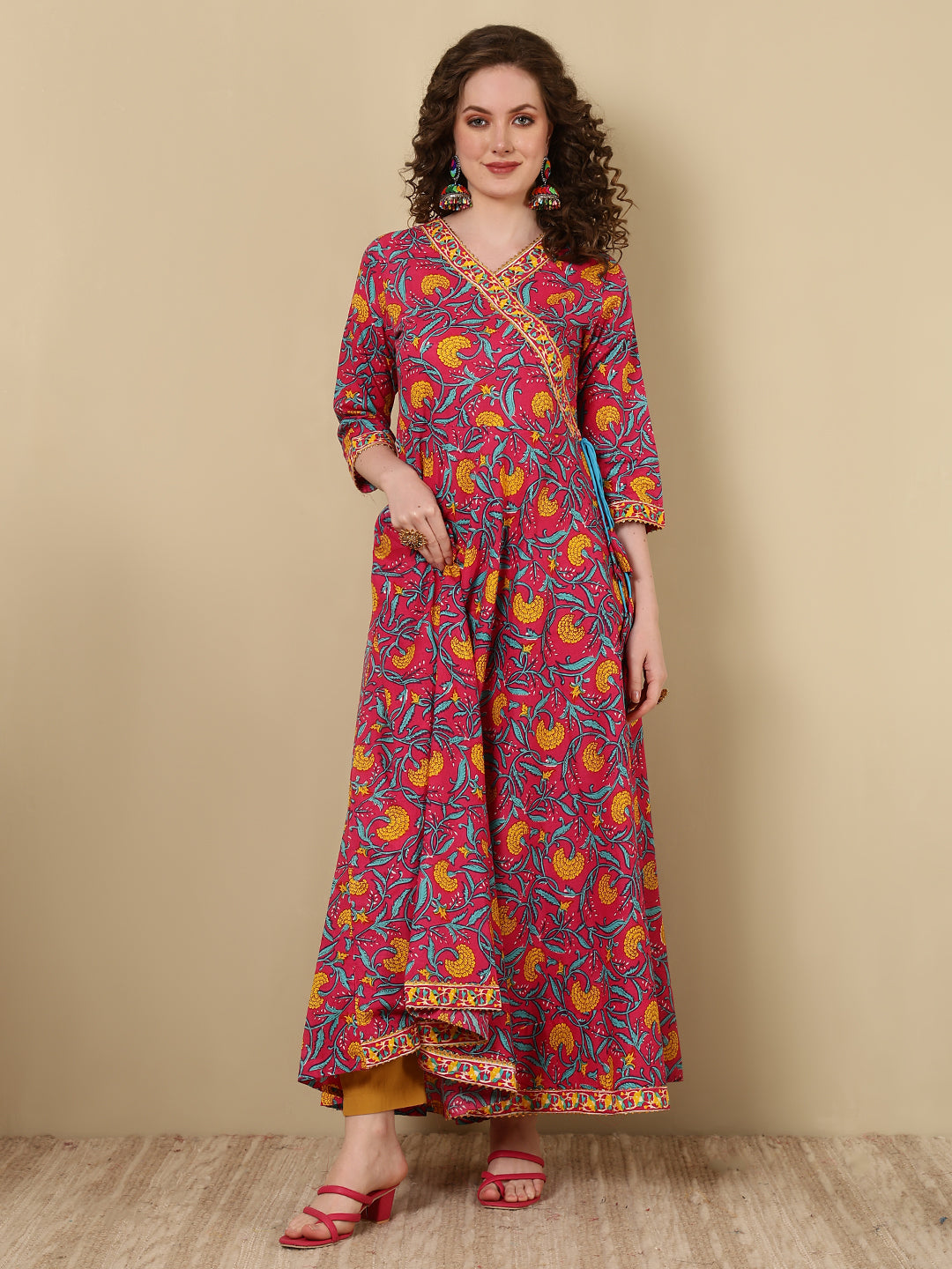 Cotton Printed Ankle Length 3/4 Sleeve V-Neck Angrakha Kurta