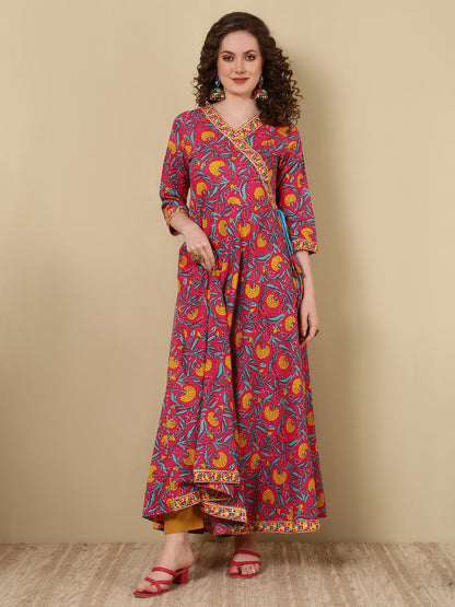 Cotton Printed Ankle Length 3/4 Sleeve V-Neck Angrakha Kurta