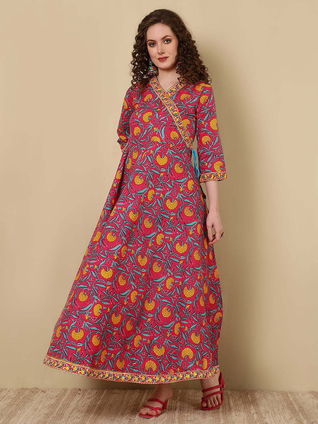 Cotton Printed Ankle Length 3/4 Sleeve V-Neck Angrakha Kurta