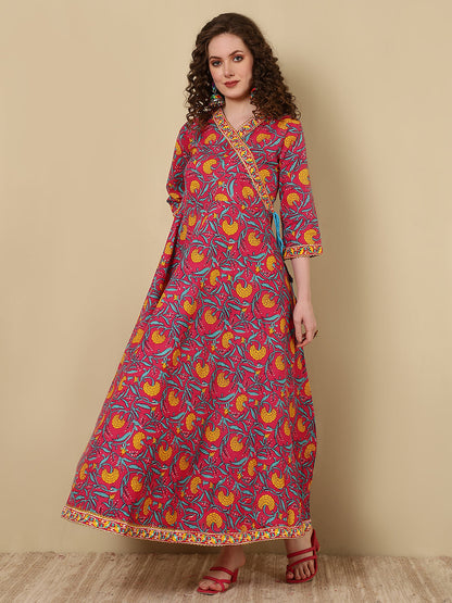 Cotton Printed Ankle Length 3/4 Sleeve V-Neck Angrakha Kurta