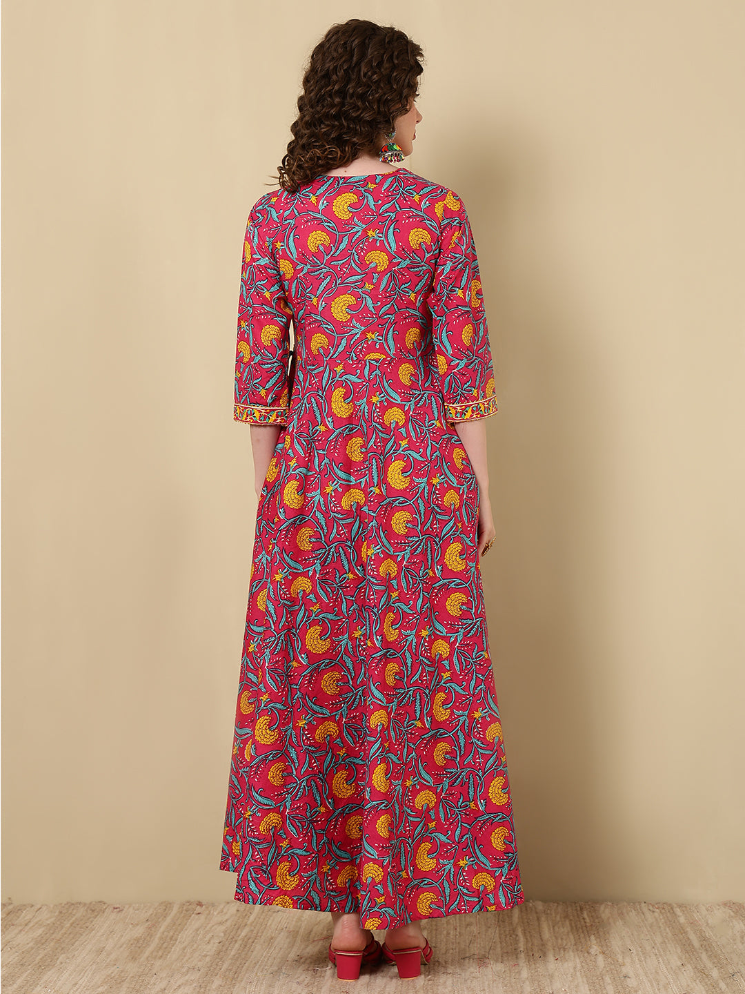 Cotton Printed Ankle Length 3/4 Sleeve V-Neck Angrakha Kurta