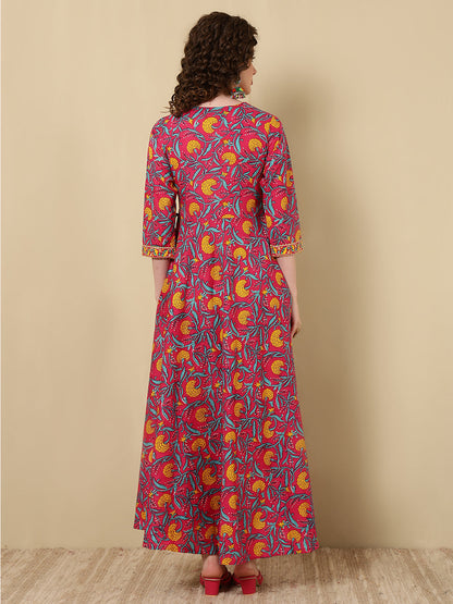 Cotton Printed Ankle Length 3/4 Sleeve V-Neck Angrakha Kurta