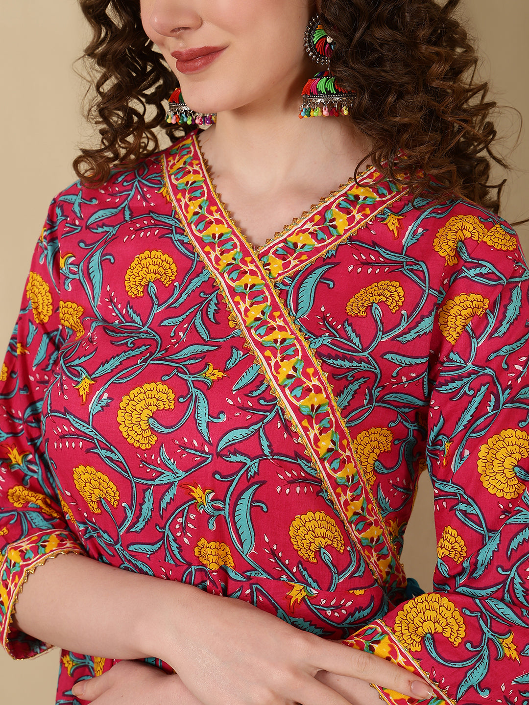 Cotton Printed Ankle Length 3/4 Sleeve V-Neck Angrakha Kurta