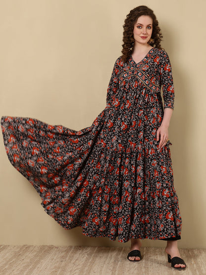 Rayon Printed Ankle Length 3/4 Sleeve V-Neck Alia Cut Tiered Kurta