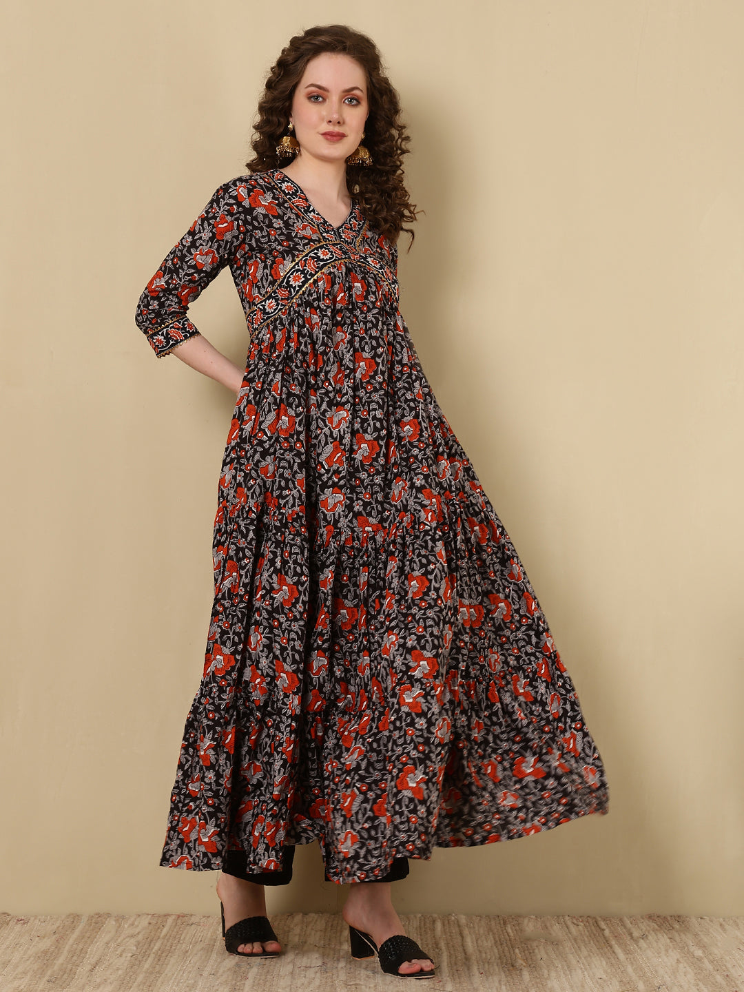 Rayon Printed Ankle Length 3/4 Sleeve V-Neck Alia Cut Tiered Kurta