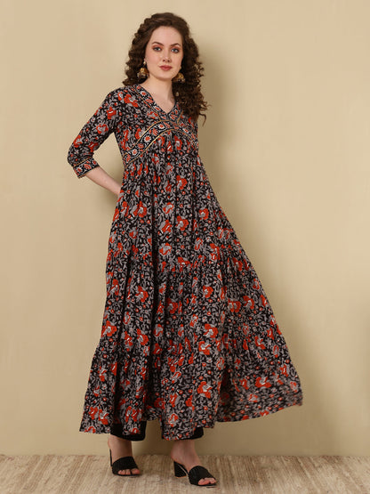 Rayon Printed Ankle Length 3/4 Sleeve V-Neck Alia Cut Tiered Kurta