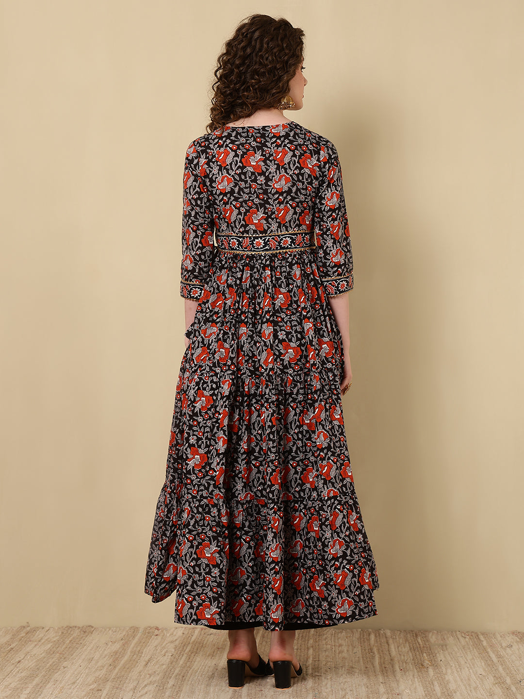 Rayon Printed Ankle Length 3/4 Sleeve V-Neck Alia Cut Tiered Kurta