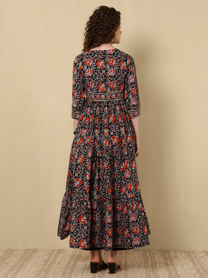 Rayon Printed Ankle Length 3/4 Sleeve V-Neck Alia Cut Tiered Kurta