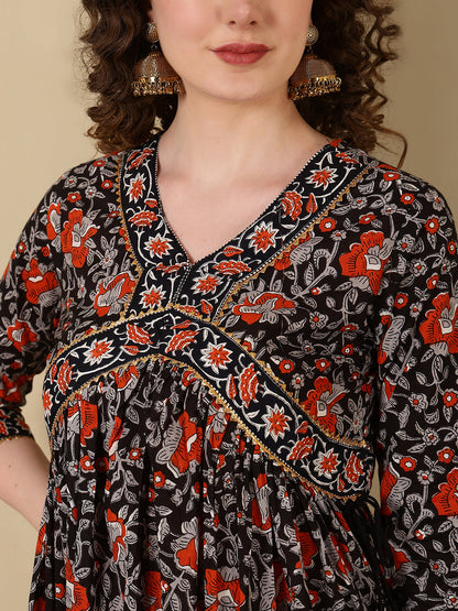 Rayon Printed Ankle Length 3/4 Sleeve V-Neck Alia Cut Tiered Kurta