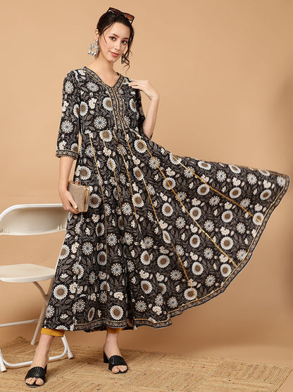 Rayon Printed Ankle Length 3/4 Sleeve V-Neck Anarkali Kurta