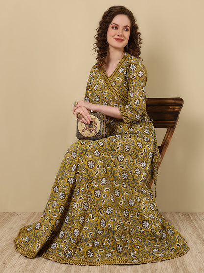 Rayon Printed Ankle Length 3/4 Sleeve V-Neck Angrakha Kurta
