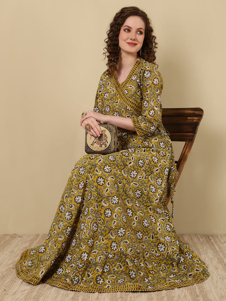 Rayon Printed Ankle Length 3/4 Sleeve V-Neck Angrakha Kurta