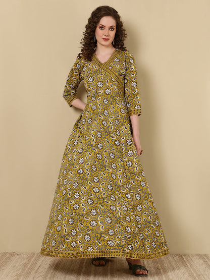 Rayon Printed Ankle Length 3/4 Sleeve V-Neck Angrakha Kurta
