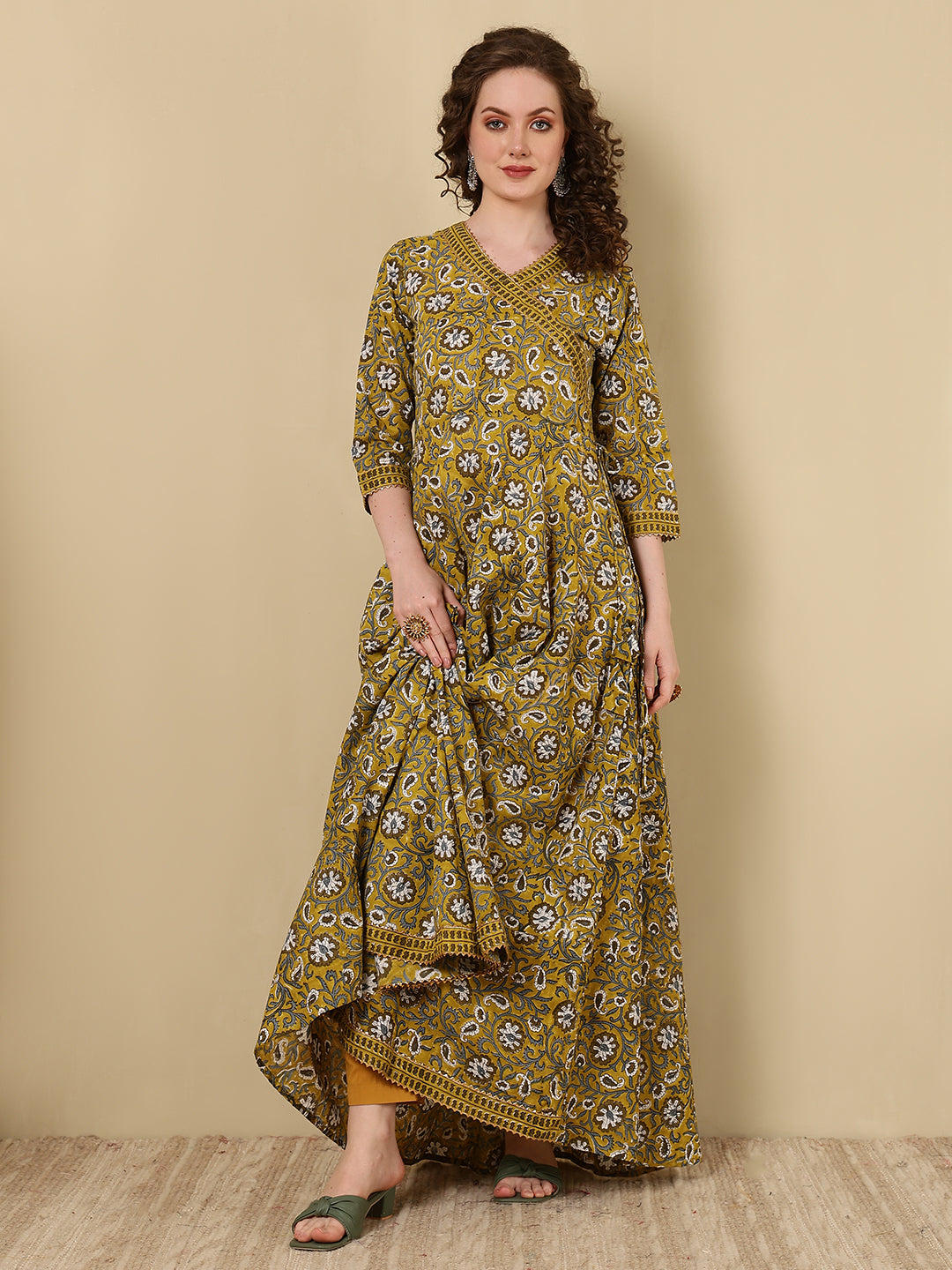 Rayon Printed Ankle Length 3/4 Sleeve V-Neck Angrakha Kurta