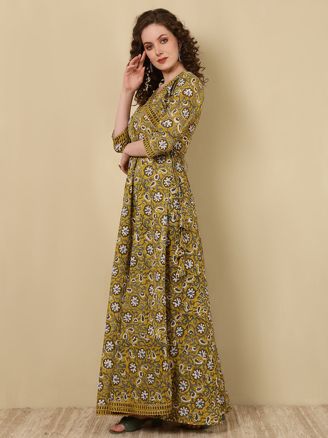Rayon Printed Ankle Length 3/4 Sleeve V-Neck Angrakha Kurta