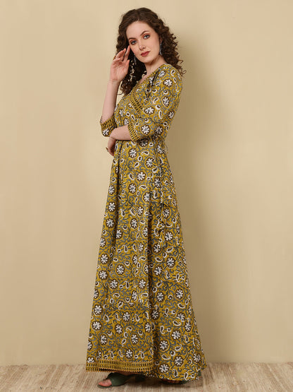 Rayon Printed Ankle Length 3/4 Sleeve V-Neck Angrakha Kurta