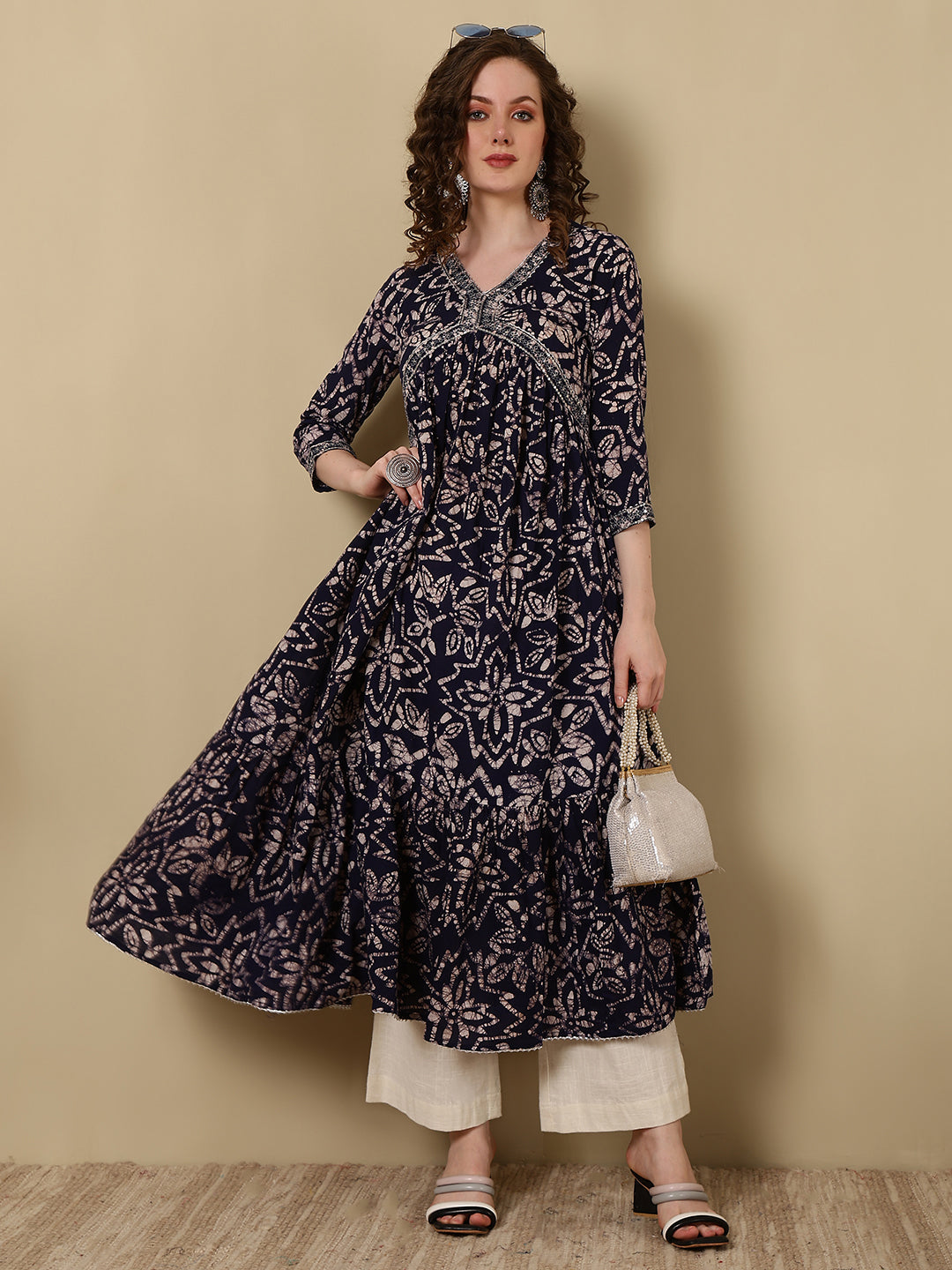 Rayon Embroidered Printed Ankle Length 3/4 Sleeve V-Neck Alia Cut Tiered Kurta