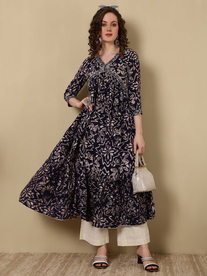 Rayon Embroidered Printed Ankle Length 3/4 Sleeve V-Neck Alia Cut Tiered Kurta