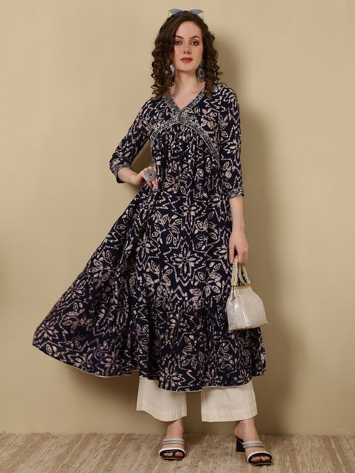 Rayon Embroidered Printed Ankle Length 3/4 Sleeve V-Neck Alia Cut Tiered Kurta