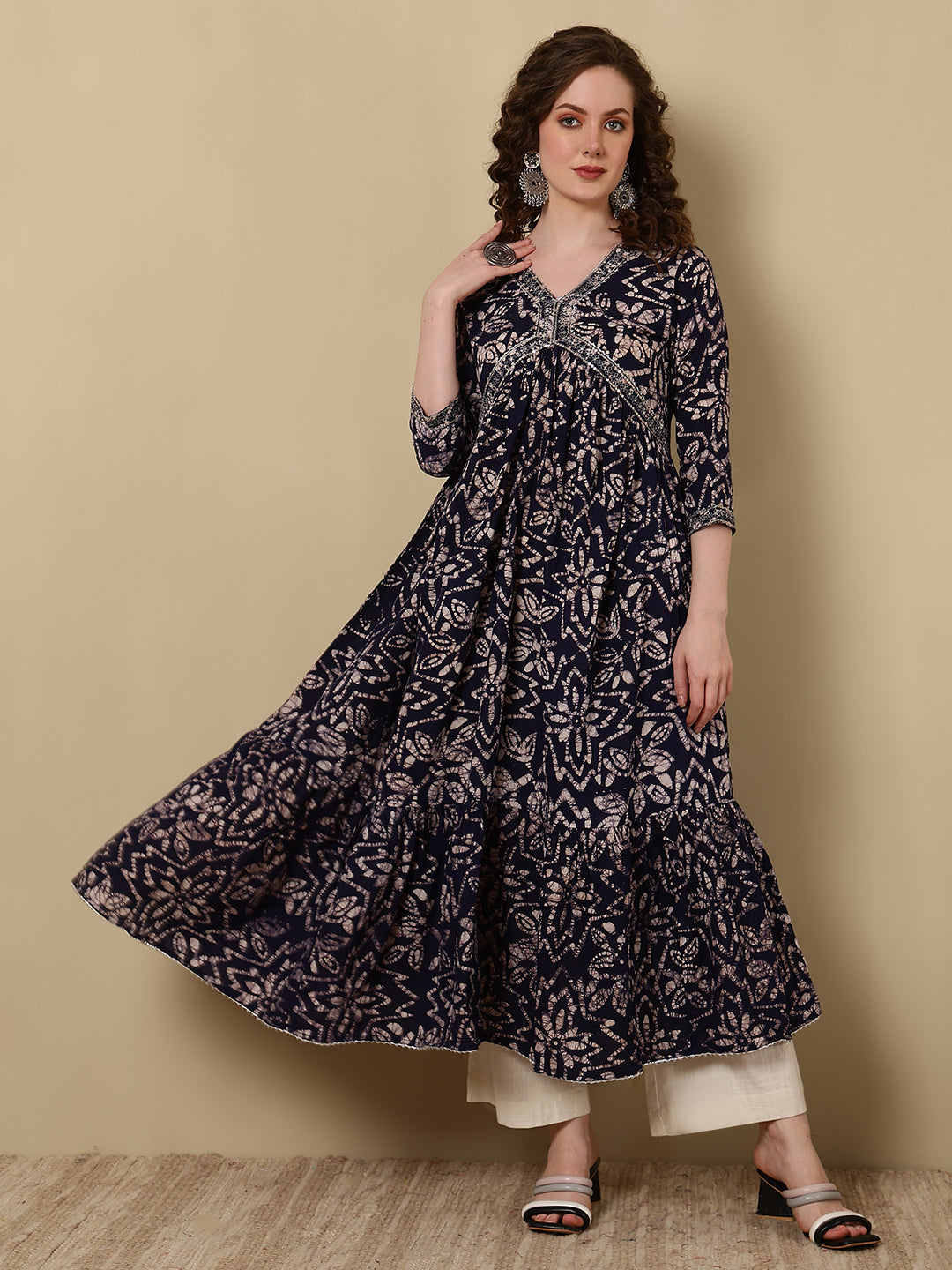 Rayon Embroidered Printed Ankle Length 3/4 Sleeve V-Neck Alia Cut Tiered Kurta