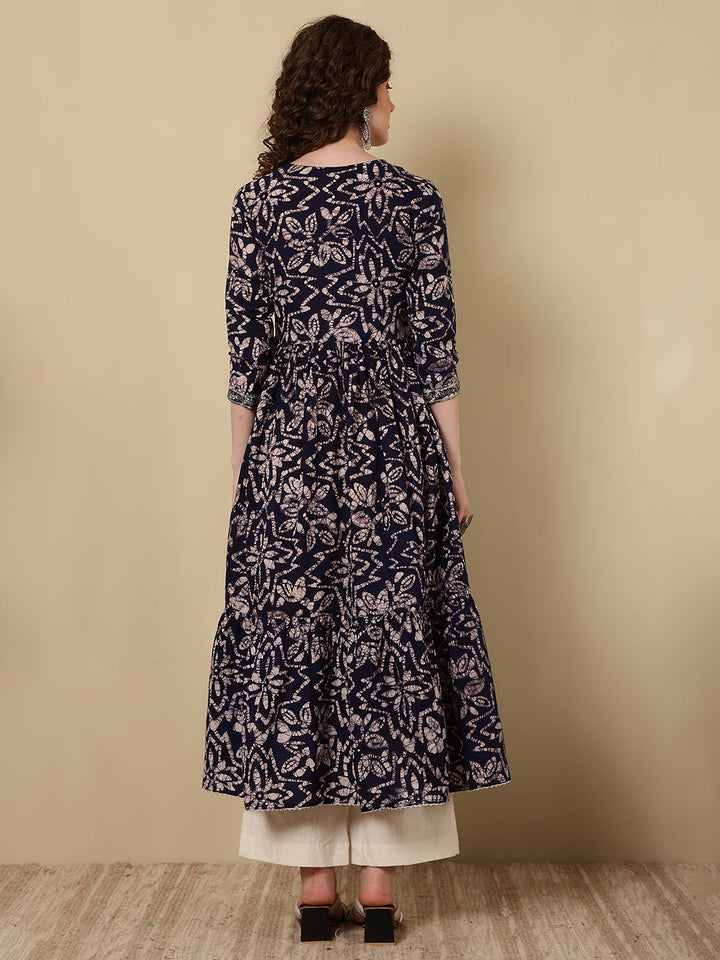 Rayon Embroidered Printed Ankle Length 3/4 Sleeve V-Neck Alia Cut Tiered Kurta