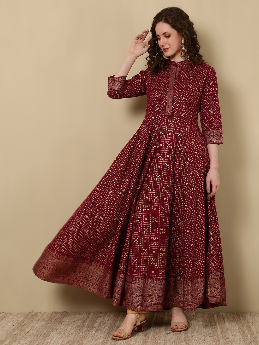 Rayon Printed Ankle Length 3/4 Sleeve Mandarin Neck Anarkali Kurta
