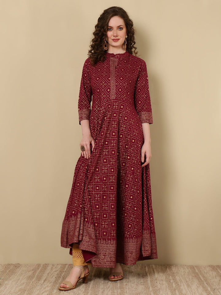 Rayon Printed Ankle Length 3/4 Sleeve Mandarin Neck Anarkali Kurta