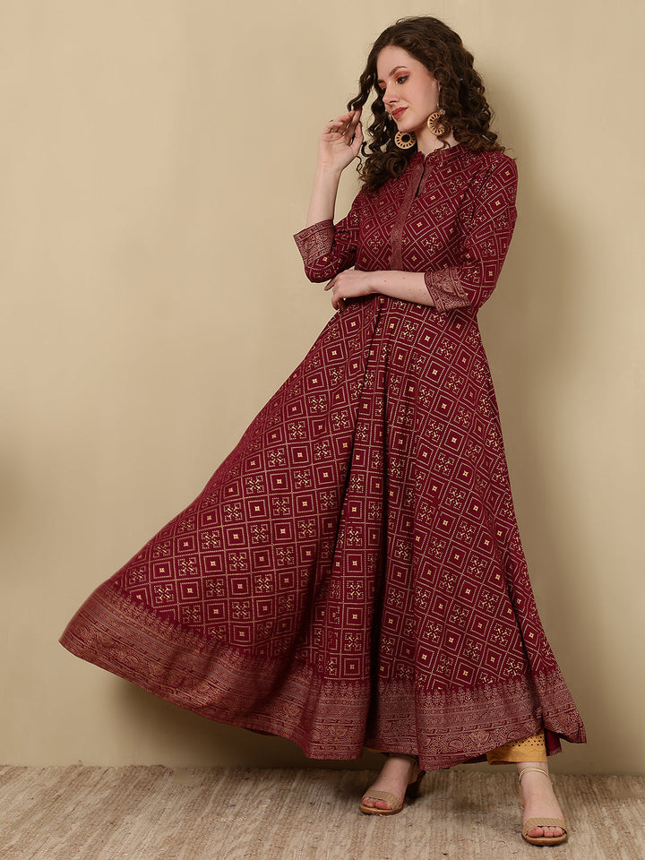 Rayon Printed Ankle Length 3/4 Sleeve Mandarin Neck Anarkali Kurta