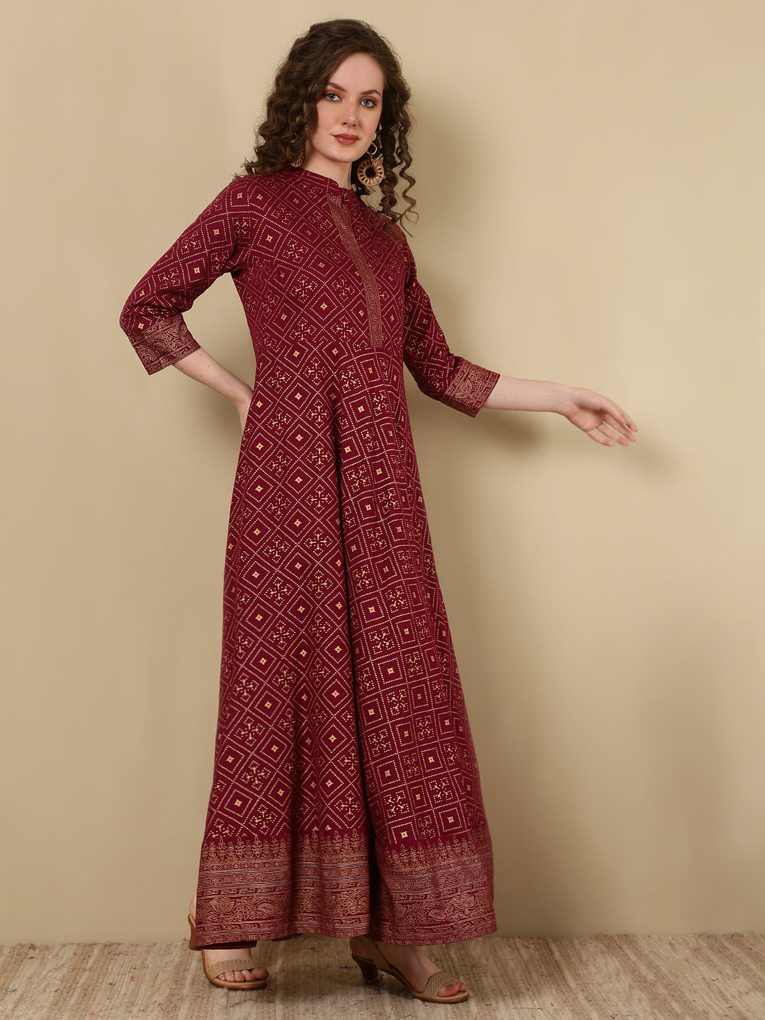 Rayon Printed Ankle Length 3/4 Sleeve Mandarin Neck Anarkali Kurta