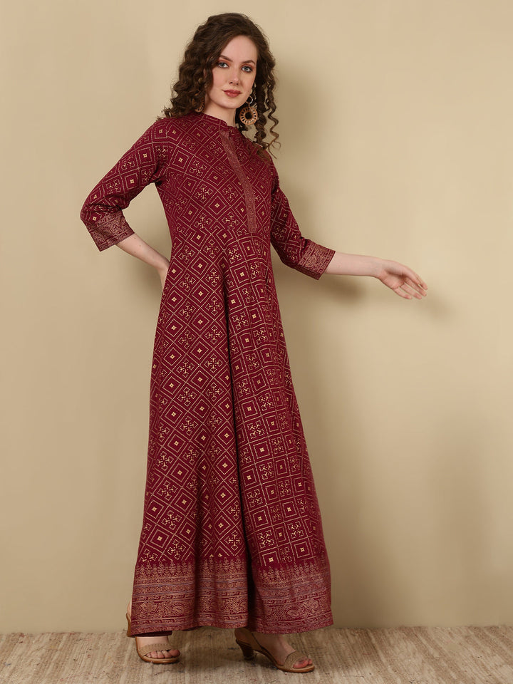 Rayon Printed Ankle Length 3/4 Sleeve Mandarin Neck Anarkali Kurta