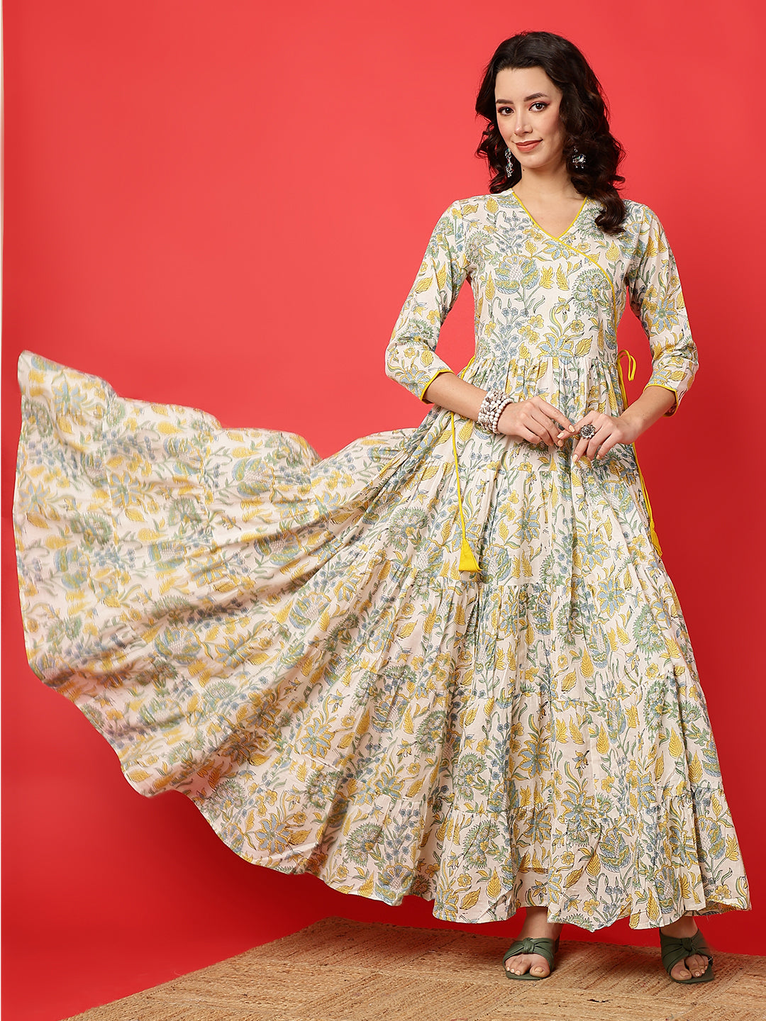 Cotton Printed Ankle Length 3/4 Sleeve V-Neck Angrakha Tiered Kurta